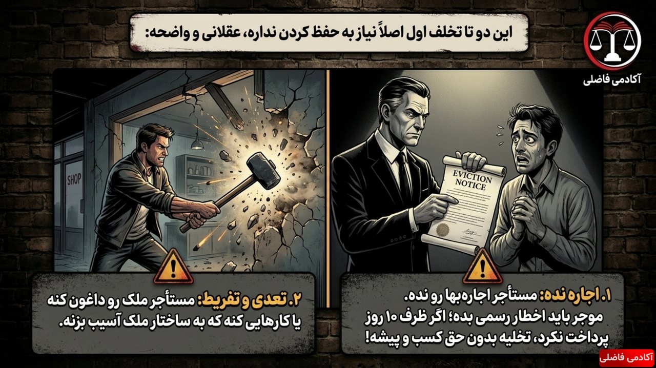 نمونه جزوه قوانین خاص — موجر و مستاجر — دو تخلف اولی که حفظ کردن نمی‌خواد